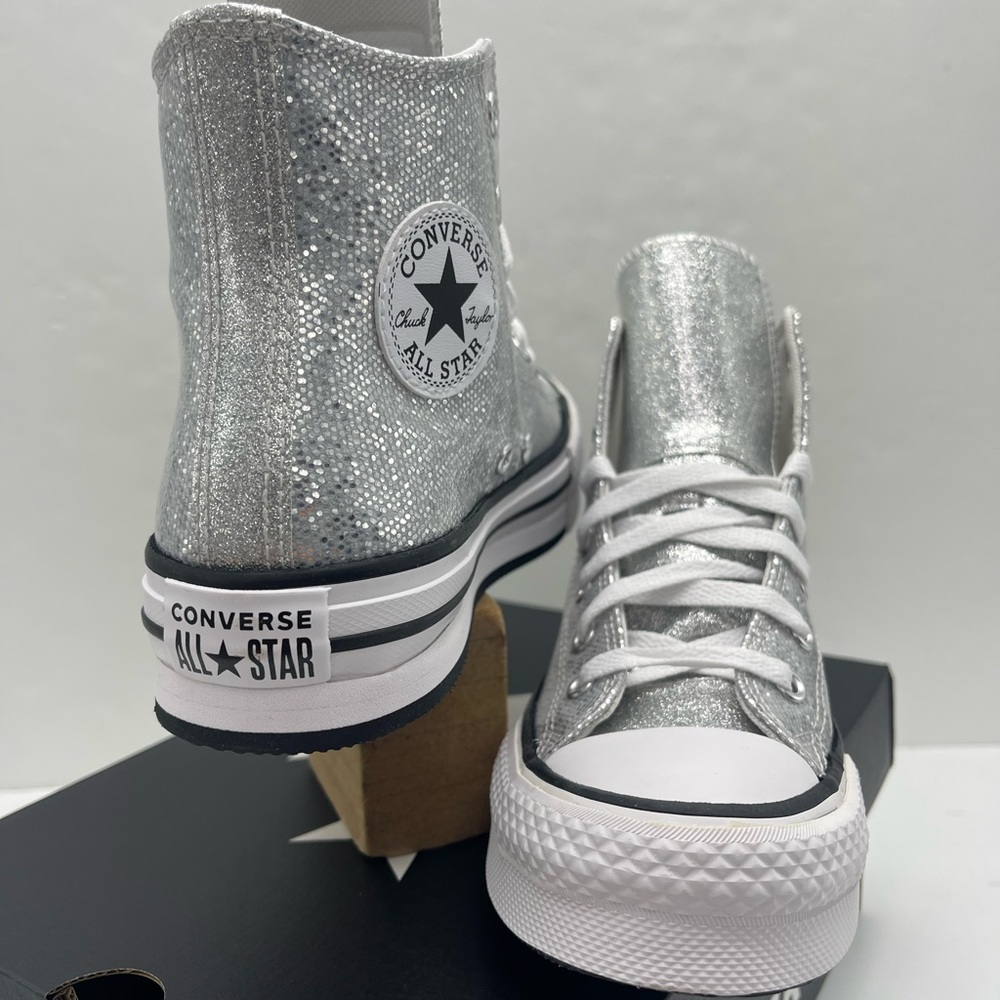 Converse CTAS EVA LIFT HI Chuck Taylor All Star High Top Sneakers Silver Glitter - Picture 7 of 16